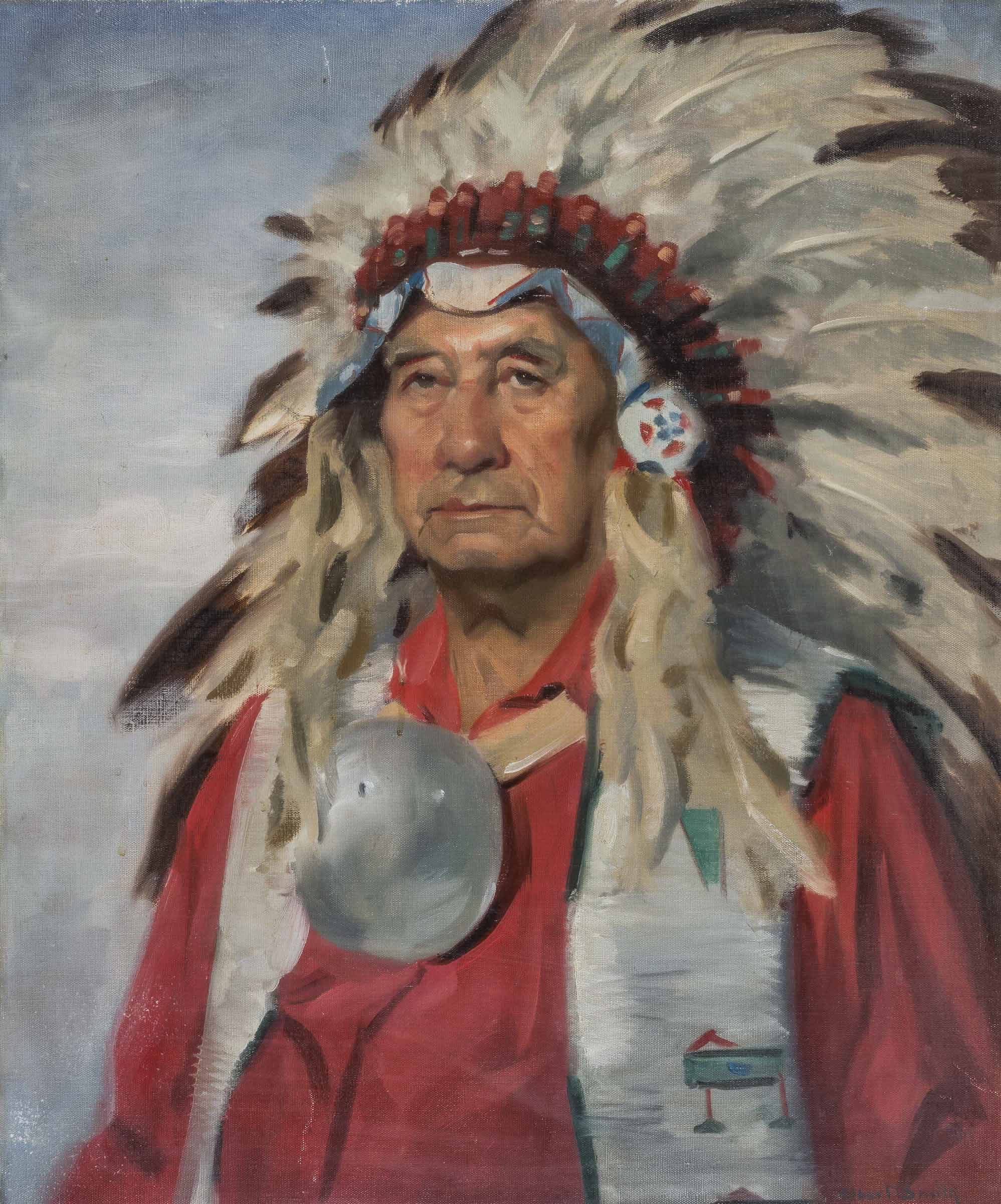 A painted portrait of a man wearing a large feathered headdress and subdued expression. The sitter wears a red collared shirt and grayish white vest featuring two green geometric shapes or symbols. A large circular silver pendant with a smooth surface adorns his chest. The background is a soft, indistinct gray.