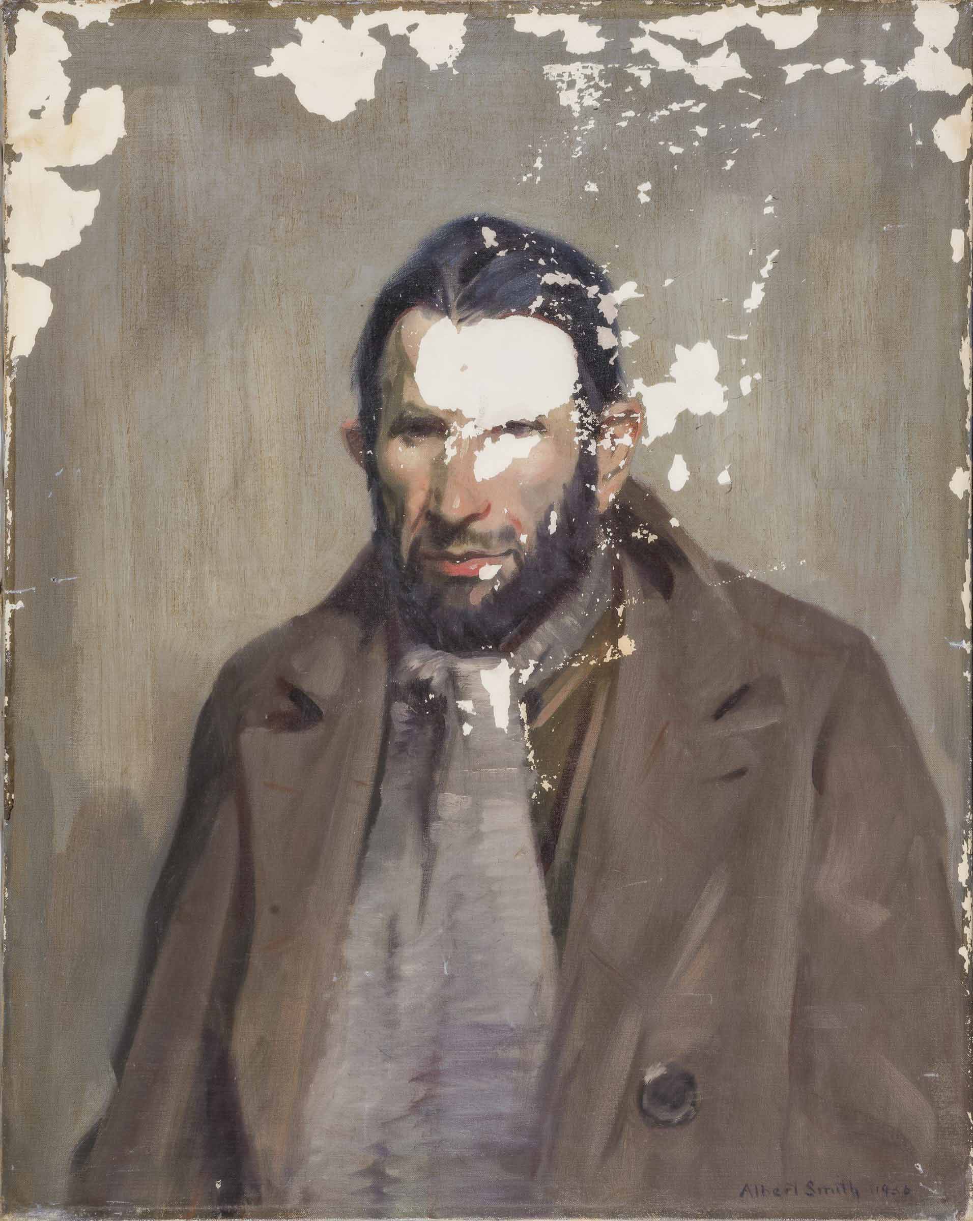 A worn painting depicting a bearded man with long hair, wearing a baggy brown coat and gray, loosely tied scarf. The man has an unfocused, resigned expression. The background is a muted grayish tone. The canvas shows signs of damage, with large areas of peeled paint.