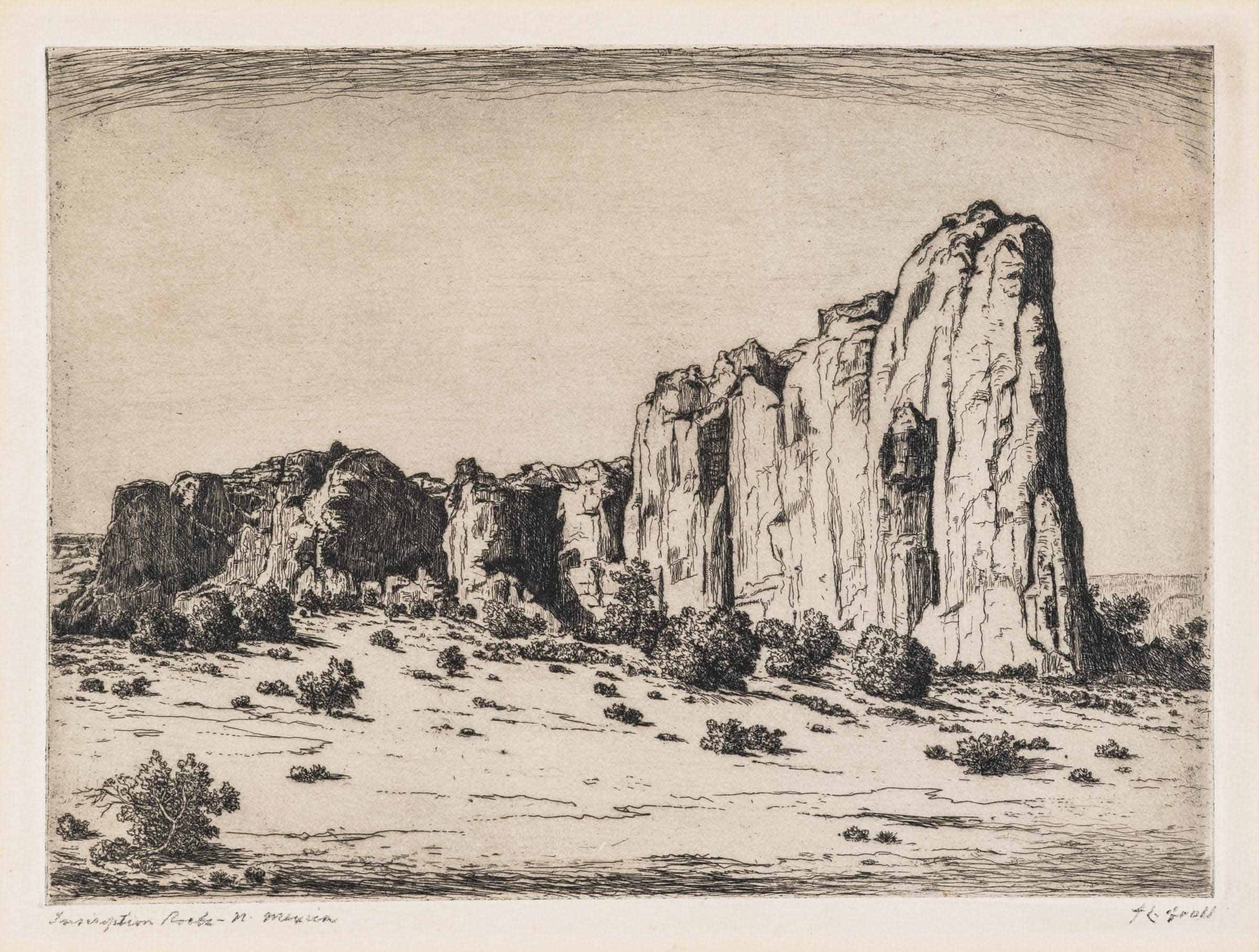 A minutely detailed black and white etching depicting towering sandstone cliffs surrounded by sparse shrubbery and open sky. The background is essentially blank, with just a few squiggly lines forming a slight arch at the top edge of the painting. The bottom edge mirrors the top edge, with a thin band of squiggly lines running along it. This framing draws the subject, the cliffs, into greater focus, and, indeed, the artist appears to have accounted for each crevice and crack, highlight and shadow of the rock formation.