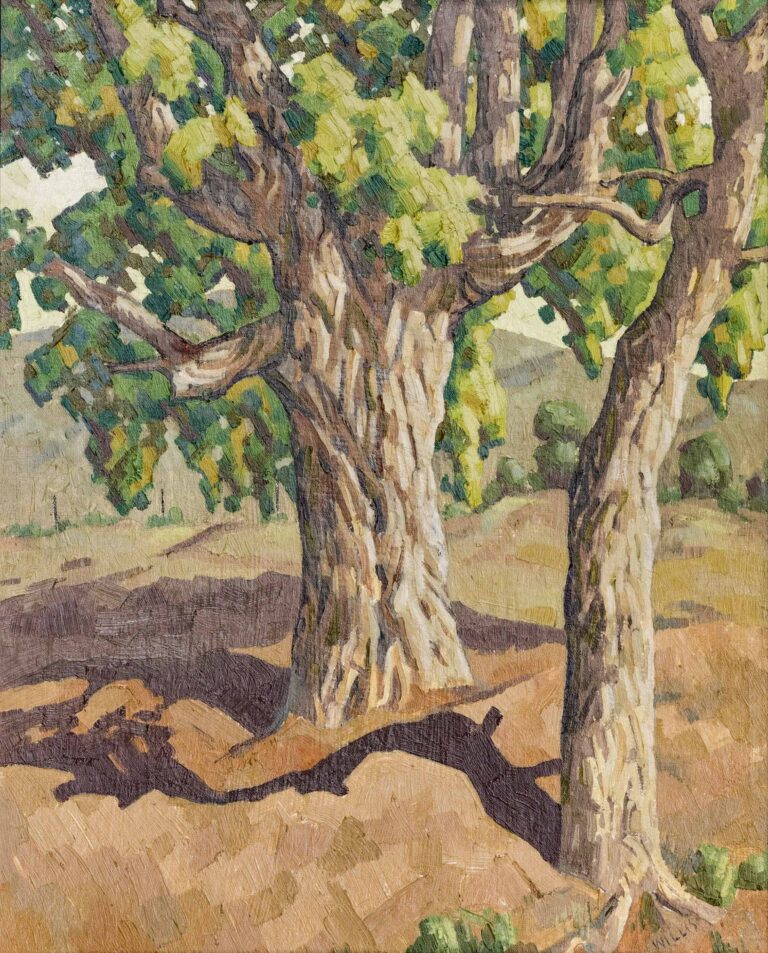 A painting of two large trees, one in front of the other, with rough light brown bark and lush green leaves. Strong sunlight spotlights one half of each trunk and lights up about half the leaves, turning them a light yellowish-green and casting the other half in dark green shadow. The trees themselves cast shadows on an uneven rust-colored ground. The background shows a glimpse of grey-ish green hills and off-white sky.