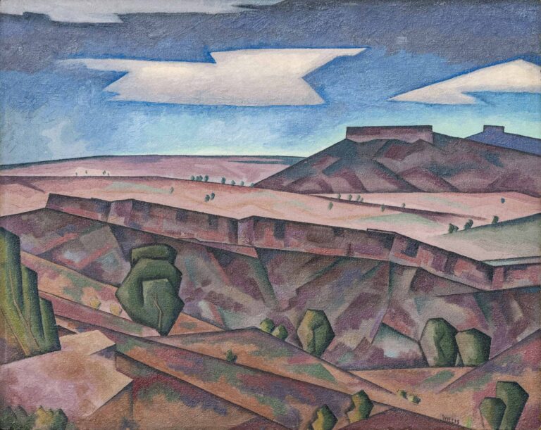 An abstract landscape painting depicting a desert scene with canyons and mesas under a partly cloudy sky. Orange, red, and pinkish canyons and mesas are painted in straight-edged, angular geometric shapes with black outlines. Hues of emerald green, maroon and purple are applied to the shapes so as to give sense of shading and volume and enhance their geometry. Several hexagonal green tree forms are positioned throughout the landscape. The clouds are painted as irregular, sharp-cornered blocks of white. The sky is a band of dark blue at the top edge of the painting, which gradually fades to lighter shades, and which dissolves into a thin yellowish-white strip where it meets the horizon line.