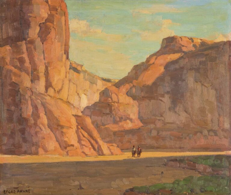 A painting of a canyon with towering sandstone walls and two small figures traversing the landscape on horseback. The foreground of the painting is a flat expanse of land cast in shadow, except for a narrow strip of sunlight which spotlights the horseback riders. Behind them rise tall red-tinged yellow rock walls. Only a small area of bright blue sky and a smattering of clouds is visible. Sunlight illuminates the left portion of the canyon walls, with a shadow creeping in on the right.