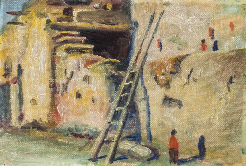 A loosely painted picture of a multi-storied, terraced adobe building with a tall ladder leaning against it at an angle in the center of the image. The painting contains only a portion of the building, providing a close-up view of its cracked and splotchy walls. Small figures painted in a blob-like fashion in rust orange are stationed at the base of structure and on the second-floor terrace.