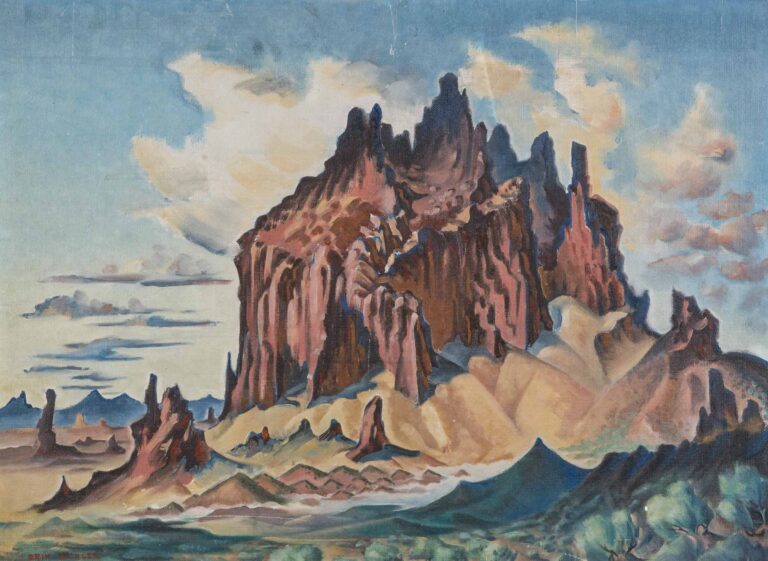 A dramatic landscape painting depicting a towering, jagged desert red rock formation under partially cloudy sky. The foreground features green terrain with shrubbery, which leads into a sandy expanse marked with short, spire-like red rocks. Those give rise to a massive terracotta-red, ship-shaped rock formation with multiple spires rising almost like masts. This rock formation's stature is highlighted by the billowing white cloud behind it and a diminutive mountain range lining the horizon in the far distance. Red- and blue-tinged clouds dot the sky on either side of the rock.