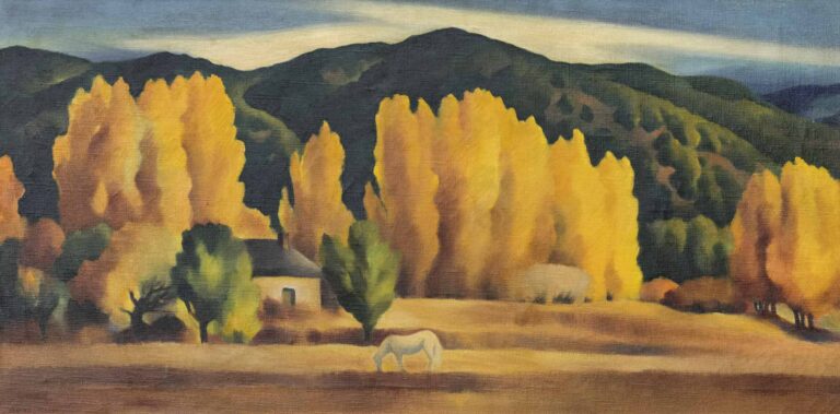 A painting of a landscape with tall golden-yellow trees lining the base of green mountains with a white horse grazing in a field of yellow grass the foreground. A small house is nestled among the trees behind the horse. We glimpse the house between two small bright green trees are positioned in front of it on either side.