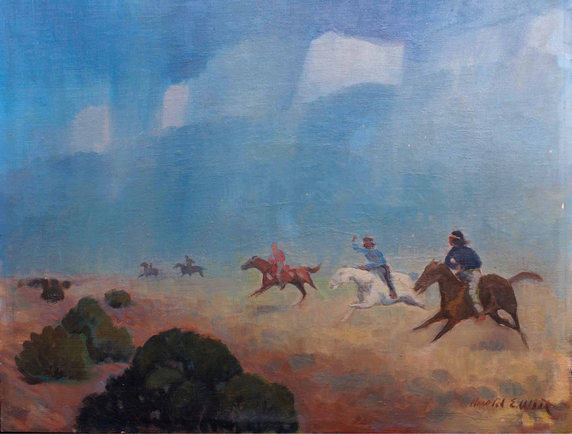 A painting depicting a group of five horseback riders galloping across a vast, open field of yellow grasses, red dirt and sparse evergreen shrubs under a bright blue sky. Three riders race in a row in the foreground on dark brown, white, and reddish brown horses. The front rider wears a yellow headband around his forehead and turns to face the middle rider. The middle rider looks back at the front rider with his hand raised above his head. Two additional riders are seen in the far distance.
