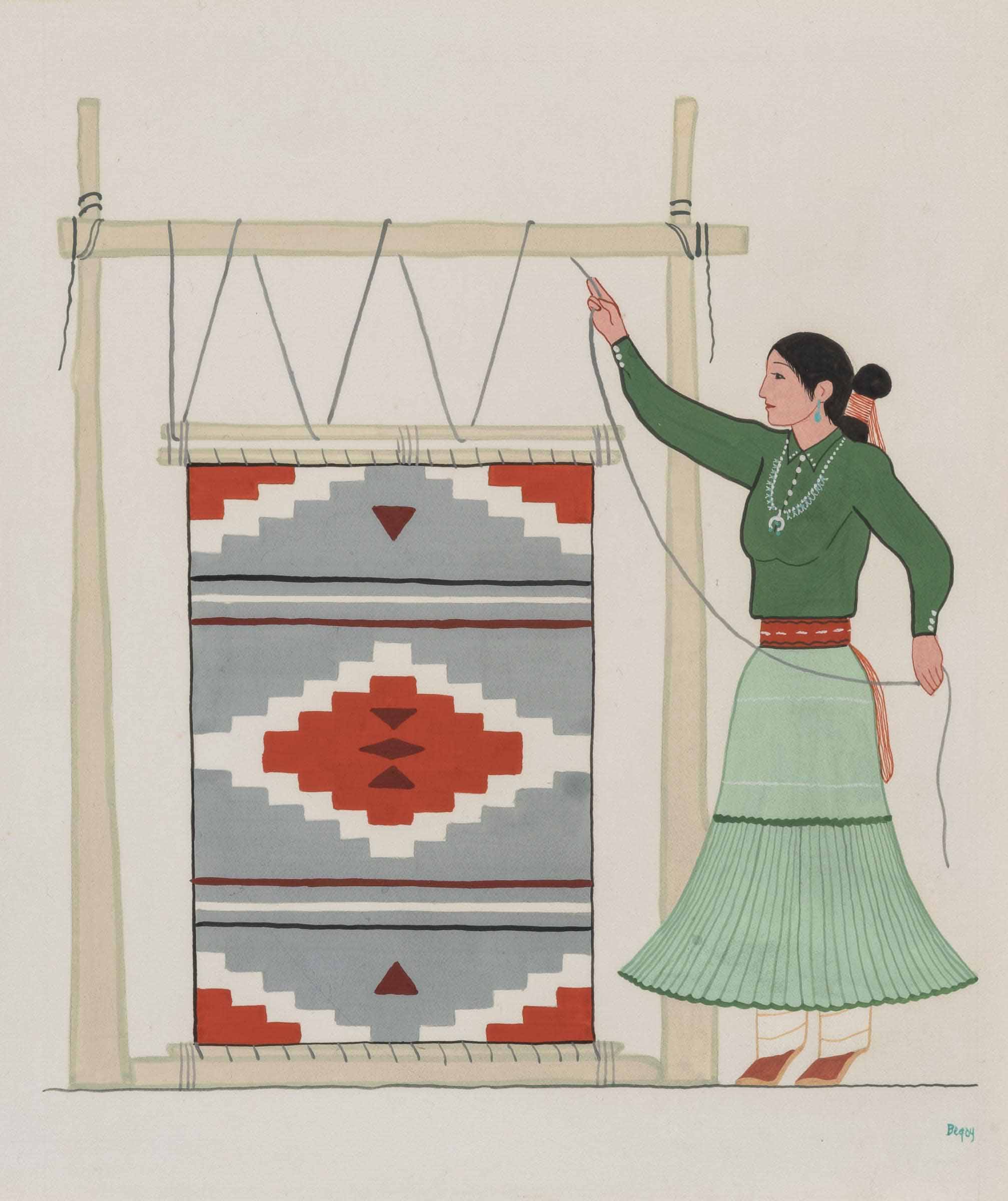 A painting of a woman in a green pleated skirt, red belt and long-sleeved green standing next to a wooden loom which is taller than she is and from which hangs a geometric-patterned red, white and gray textile. The weaving is suspended by a gray string, which wraps around the frame. The woman grips the string in a raised hand and holds the loose end behind her with her other hand, as if lowering the weaving in the manner of window blinds.