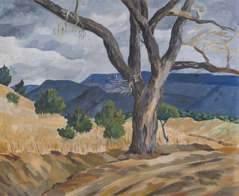 A painting of a large leafless gray tree standing at the side of a dirt road and surrounded by yellow grasses and green shrubs. The tree's branches extend past the boundary of the painting. A cloudy sky and dark gray and blue mountains form the background.
