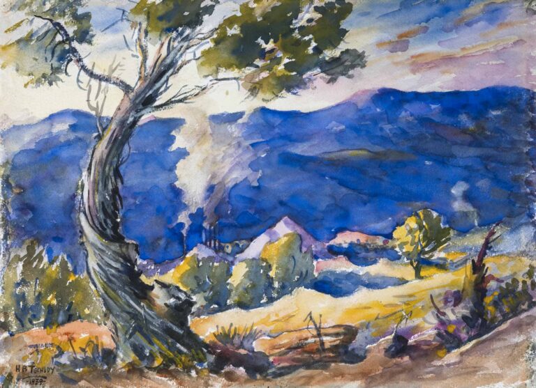A colorful landscape painting depicting a twisted tree in the foreground with expansive blue mountains under a yellowish-white and purple. The tree's trunk curves in a slight C-shape, its gray bark depicted in long swoosh-like brush strokes. The curve of the trunk frames four thin black smokestacks seen in the distance at the base of the mountain, with grayish white smoke streaming upwards toward the sky. Small bushes dot the landscape.