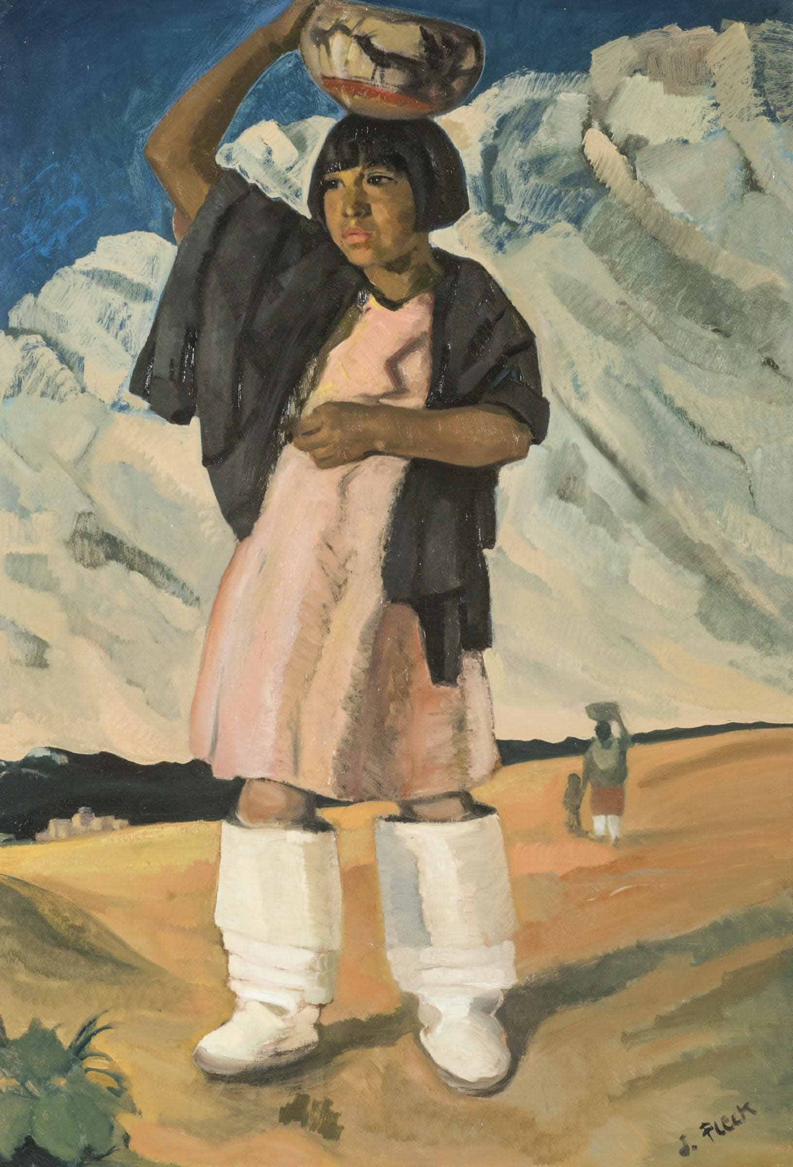 A painting of a girl standing in a yellow, hilly meadow, surrounded by a cloud-filled sky. She is almost as tall as the painting and has a bob of short, straight black hair and wears a light pink dress, black shawl, white moccasins. She holds a painted clay pot on her head with one hand. Behind her at a distance, a smaller figure--also wearing white moccasins and balancing a pot on her head with one hand--walks hand-in-hand with a child away from the girl. In the background, between the meadow and the sky, is a thin strip of dark-colored mountains at the base of which sits a multi-level tan building or cluster of buildings.