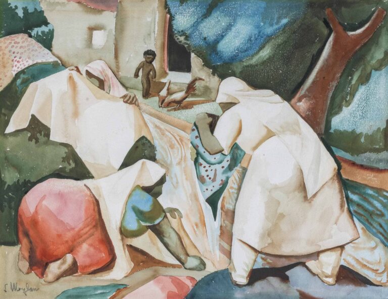 A painting in a limited palette of white, green, blue, red and brown colors depicting three women washing large pieces of fabric in front of an adobe building. In the foreground, one woman covered from heat to toe in plain white clothing stands, facing away from the viewer, lifting a blueish piece of fabric with red dots up with hands. Next to her a woman in a red shirt, blue shirt and long white headscarf crouches on her knees while working a piece of light brown fabric in her hands. Only the covered head and hands of the third woman are visible. She appears to be draping a piece of tan fabric over a bush which is almost as tall as she. watercolor painting of three people. A naked child and two chickens are also present in the background.