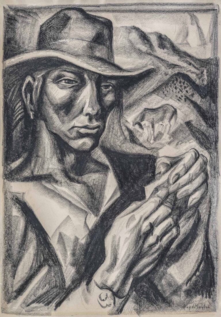 A black-and-white portrait of a man, seen from the chest up, wearing a wide-brimmed hat. The man has a contemplative, distant look in his eyes. He holds his hands in front of his chest, fingering a small piece of paper. The background features a mountainous landscape and a horse.