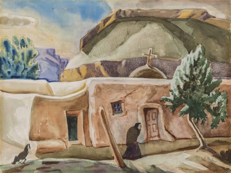 A painting depicts a woman in dark clothing walking with a past an adobe-style building with a small dome and cross. A tree and chicken are in the foreground, and a rocky hill is in the background under a cloudy sky.
