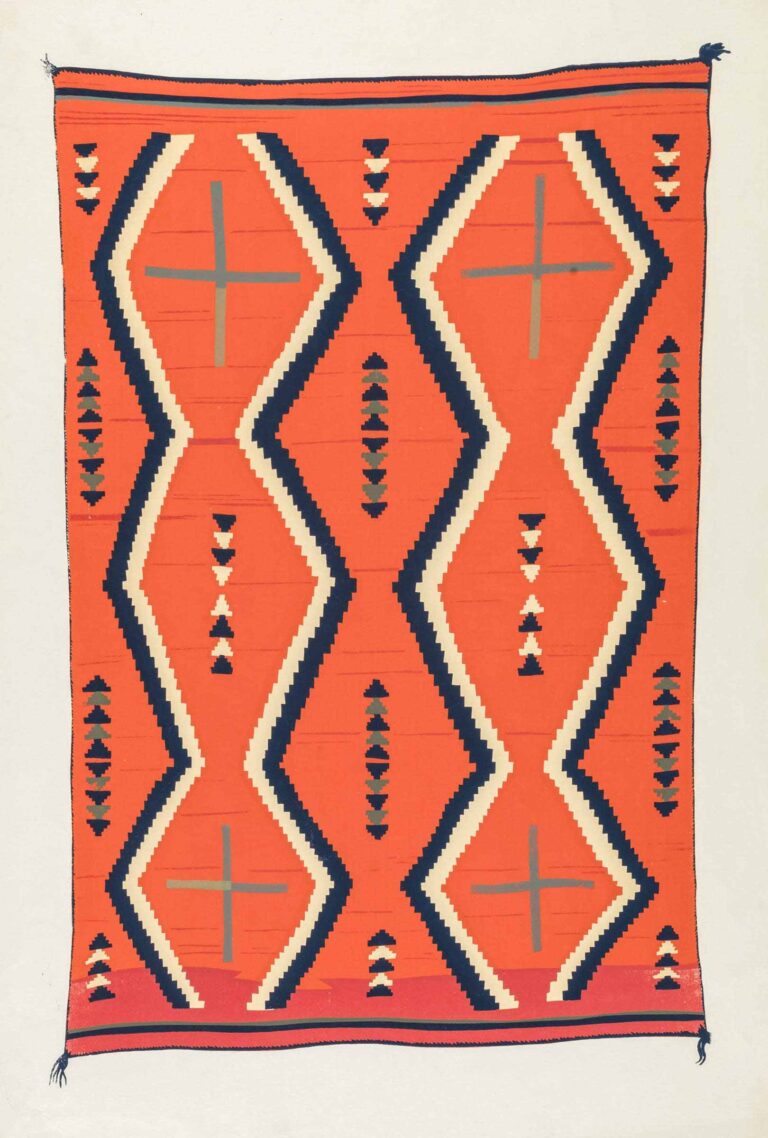 A silkscreen print of a mainly red rectangular and vertically oriented Navajo weaving. The weaving features a geometric pattern of vertical blue and cream zigzag lines which run its length interspersed with short stacks of small triangle shapes in alternating blues and greens or blues and whites. The top and bottom portions of the weaving each feature a set of two green plus sign shapes.