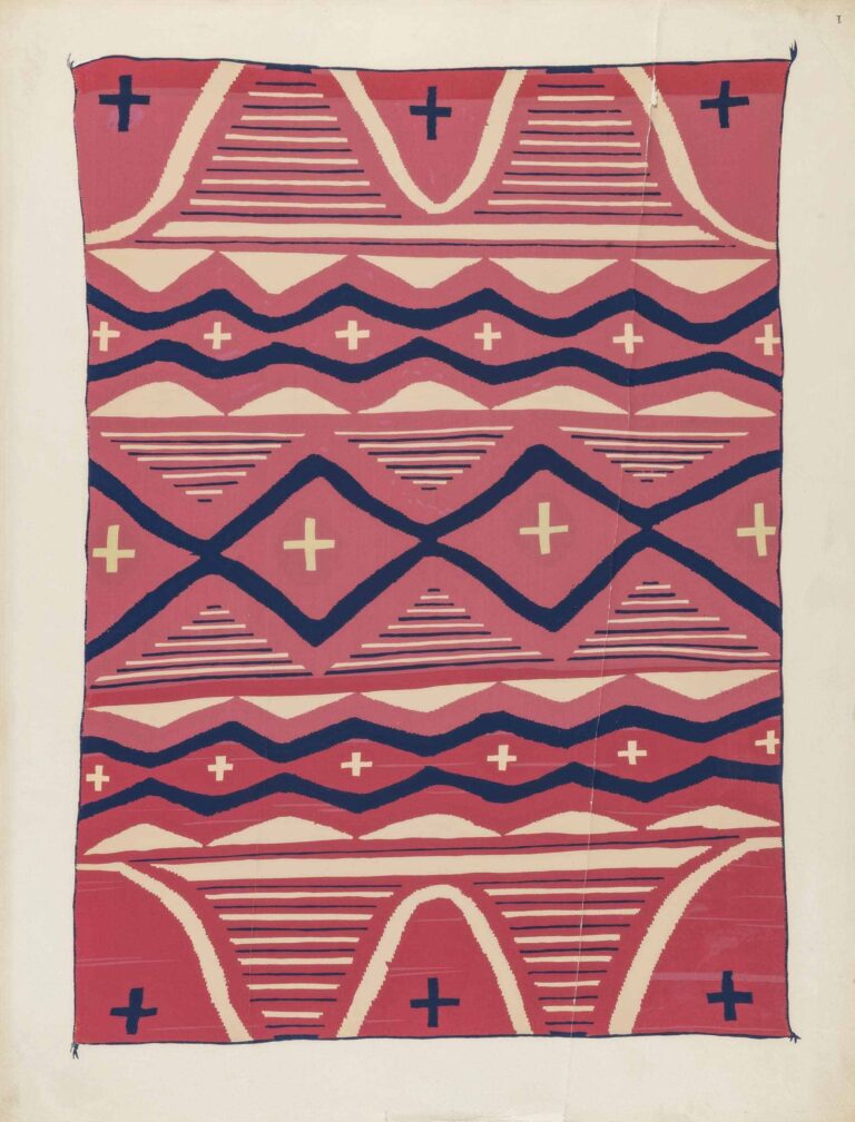 A silkscreen print of a rectangular, vertically oriented Navajo weaving in red, white and blue. The design's middle area features three horizontal bands of interlocking diamond shapes, each of which has a white cross at its center. The top and bottom portions of the design mirror each other, each containing a row of three red mound-like shape with blue crosses at their centers. Thin stripes in alternating red, white and blue colors fill the background.