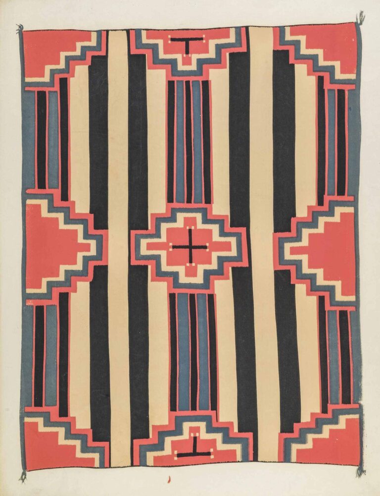 A silkscreen print of a rectangular, vertically oriented Navajo weaving design featuring a striped pattern in black, blue, read and cream. Vertical bands of thin black, red and blue stripes alternate with bands of thicker black and white stripes. Red stepped motifs are positioned in the corners and in the center of each edge of the weaving, and are cropped to fit in each instance. The central shape is a red stepped-edge diamond with a black plus sign or cross in its center.