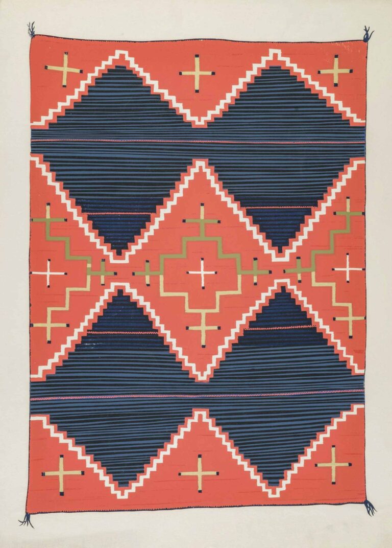 A silkscreen print of a rectangular, vertically oriented Navajo weaving with a red background and symmetrical geometric pattern featuring four large blue diamonds, which take up most of the weaving. Yellow, white and green crosses are positioned between the diamonds.