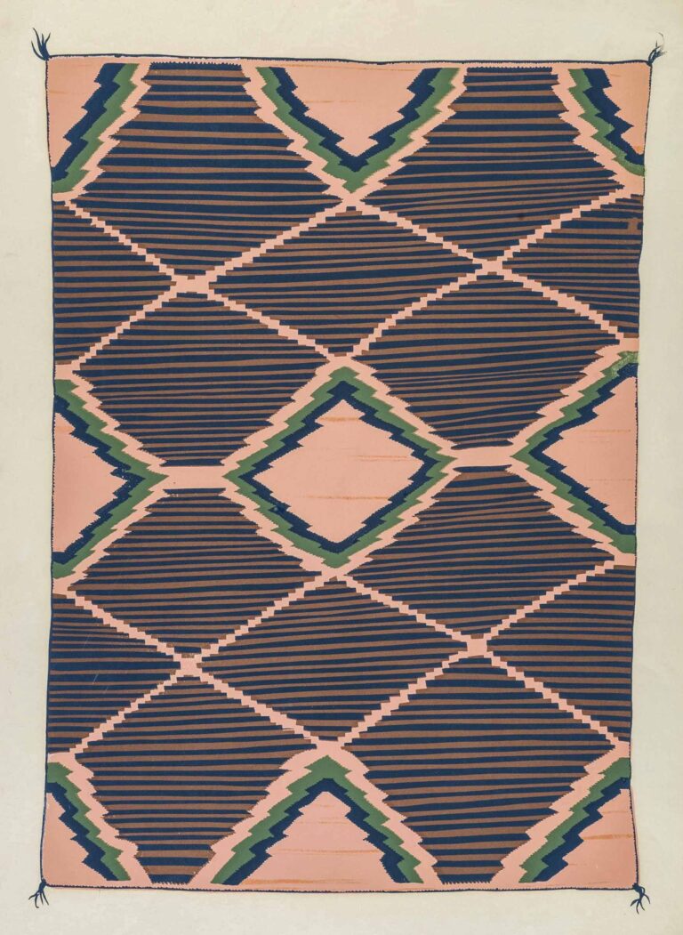 A silkscreen print of a rectangular, vertically oriented Navajo weaving with a light sandy pink background and featuring a geometric pattern of interlocking diamonds. The diamond shapes are filled with thin brown and blue horizontal stripes. They have zigzagged edges of pink, green and blue. Criss-crossing each diamond are thin, serrated lines of pink so that each diamond appears to have an elongated X shape in its center, extending from edge to edge.