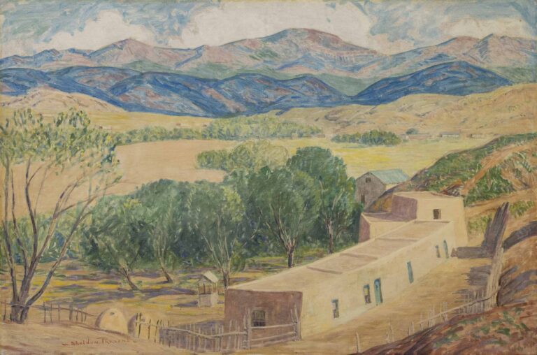 A painting of a sunlit Southwestern landscape with flat-roofed adobe-style buildings in the foreground. Lush green trees fill the midground, leading to distant yellow and blue-colored rolling foothills and green and pink-tinted mountains under a partly cloudy sky.
