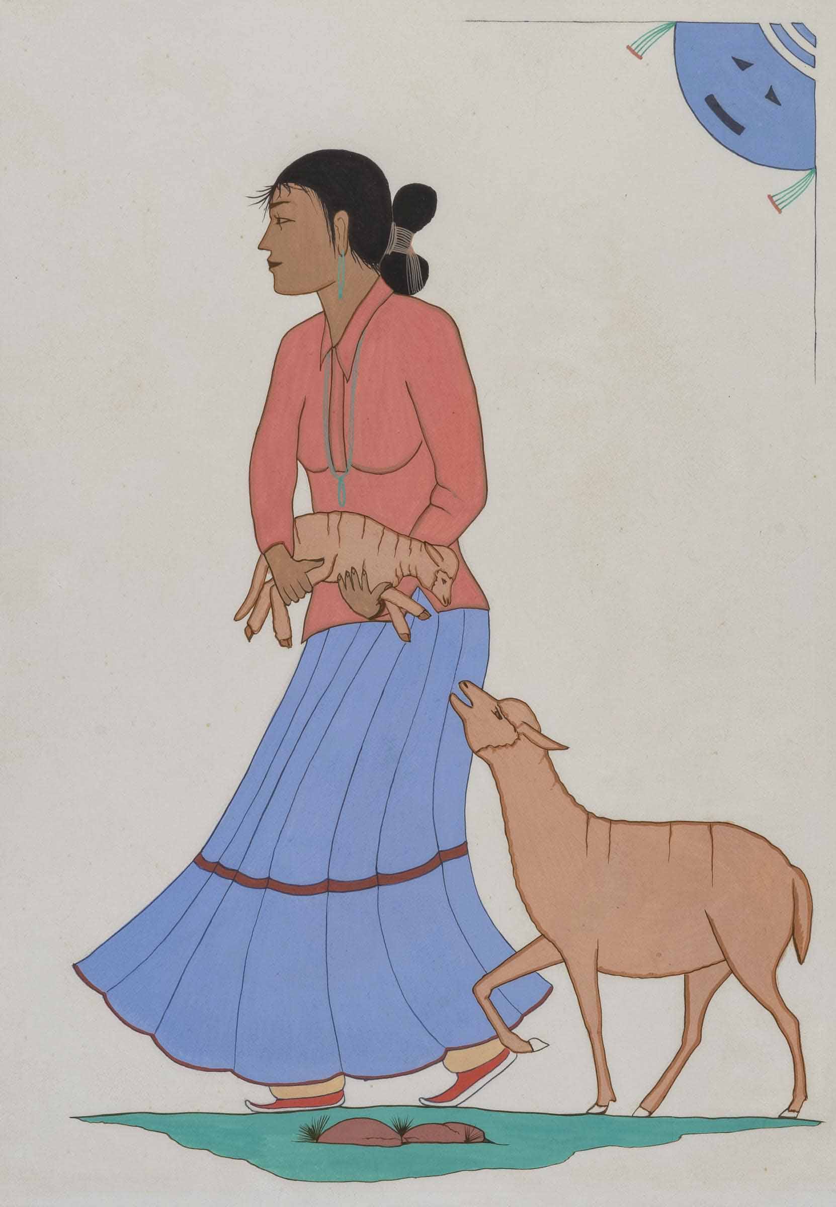 A painting of a woman in traditional attire holding a small lamb at her waist and walking beside a sheep, which cranes its neck upwards towards the lamb. She wears a long-sleeved light red top, pleated purplish-blue skirt, and has her hair tied back. The background is plain with a partial circular design in the top right corner.