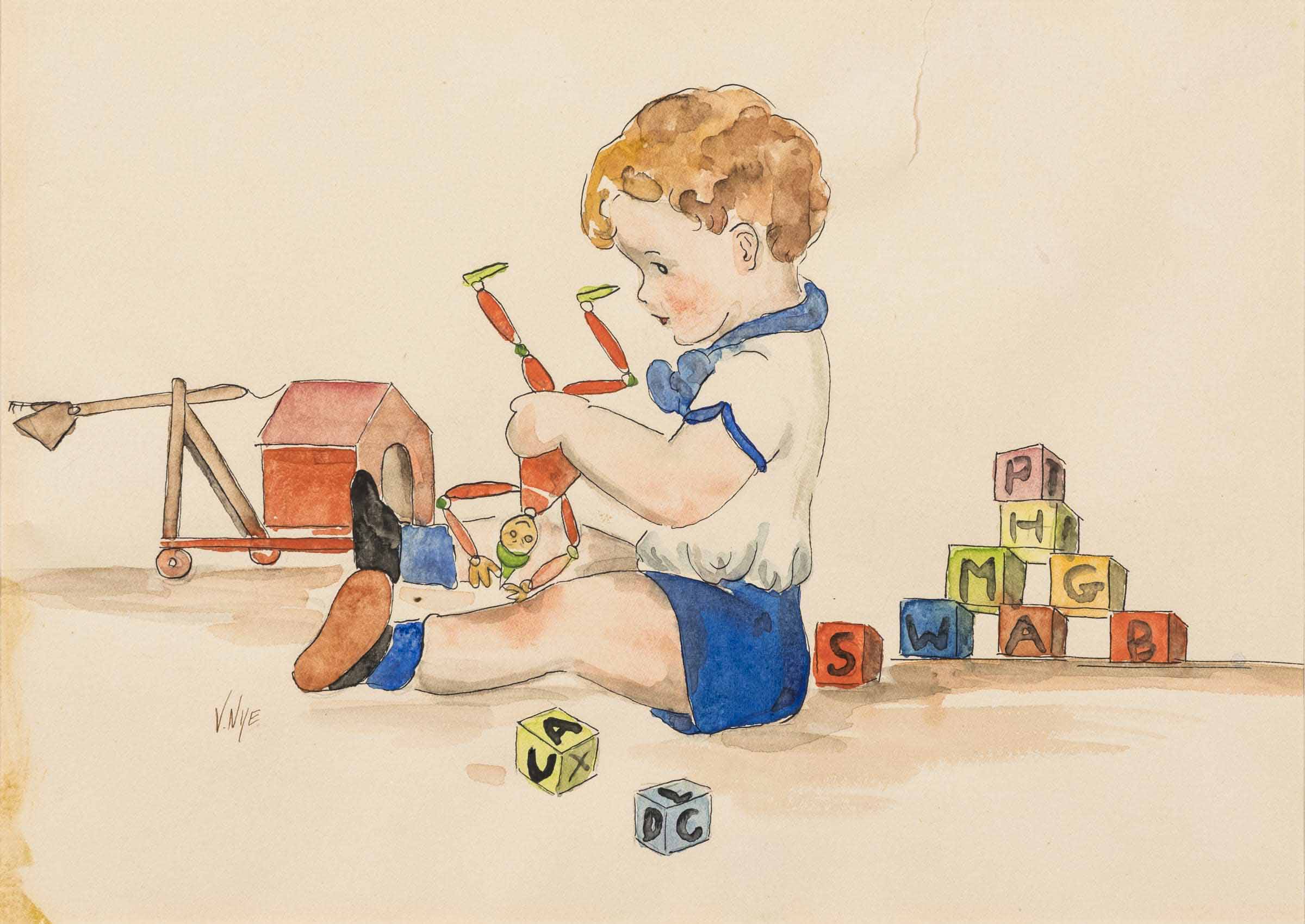A painting of a young child with short curly dark blond hair sits on the floor holding an articulated toy doll in their hands. The child is surrounded by colorful alphabet blocks and wears a white shirt with a blue collar and blue shorts. A pull toy with wheels is nearby.