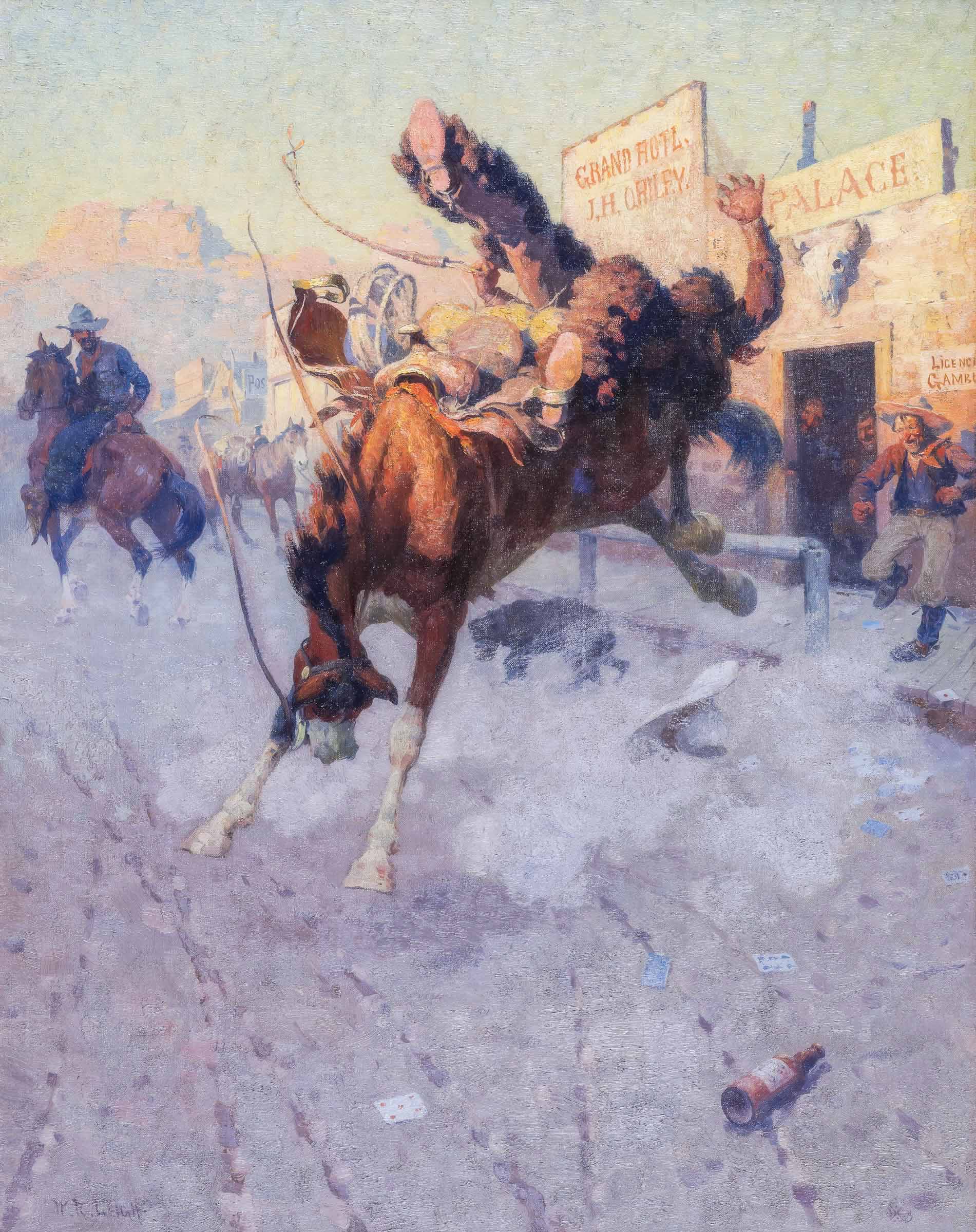 A painting of a rider in wooly chaps being thrown off a brown bucking horse in a western frontier town. The horse kicks up a cloud of dust and rider's white hat falls to the ground, where a glass bottle and playing cards lay scattered. The commotion captures the attention of those around: two cowboys look out on the scene from the doorway of a building to the left with a sign that reads "Palace." A third standing just outside the door jumps and hollers, a man on horseback in the street to the right turns to look, and a dog is seen cowering in the street behind the bucking horse. In the background are additional storefronts, a hitched horse, and a tall rocky mountain.