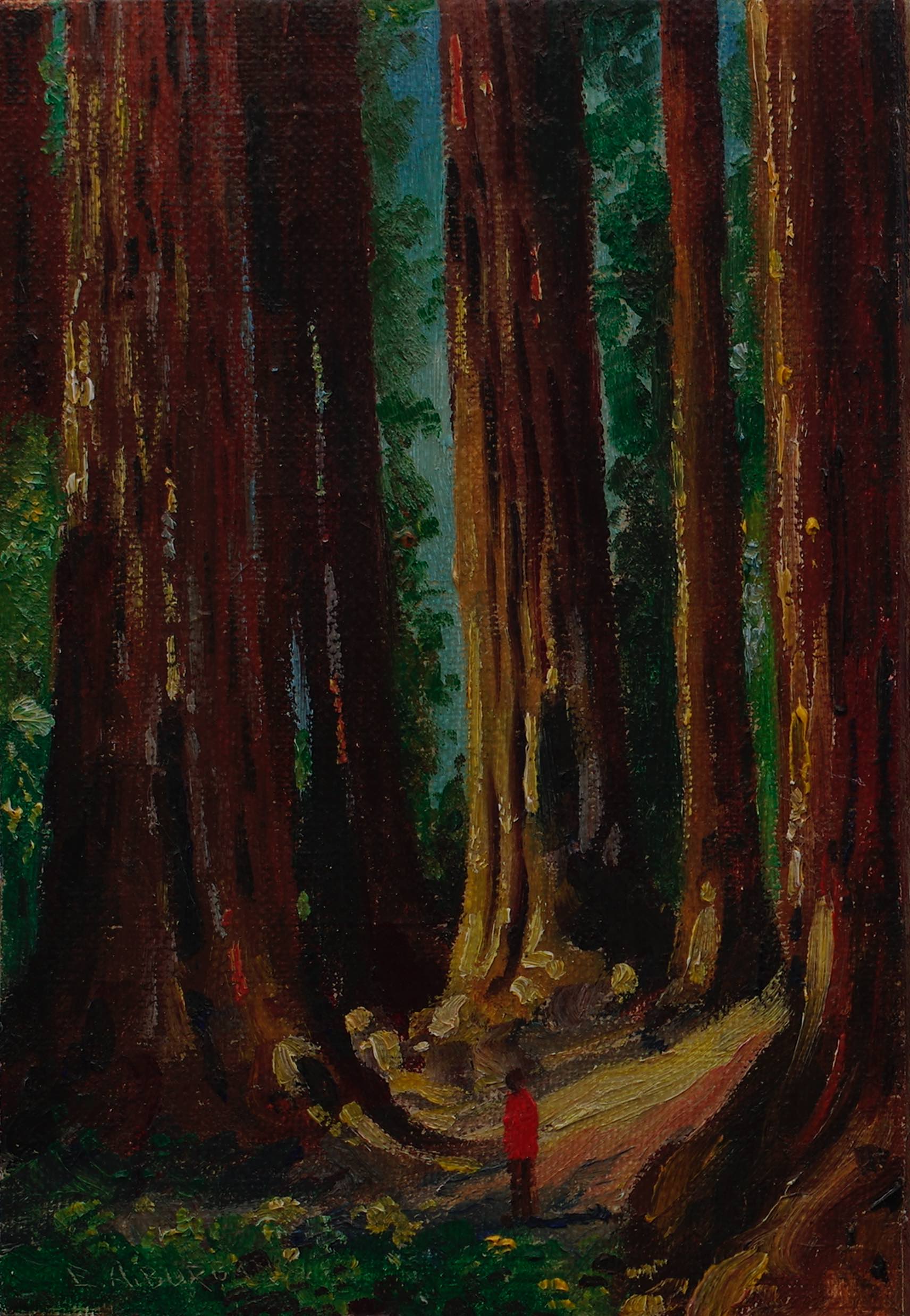Elbridge Ayer (E. A.) Burbank
Redwood TreesAbout 1910–1942Oil on canvas board4” W x 6” H