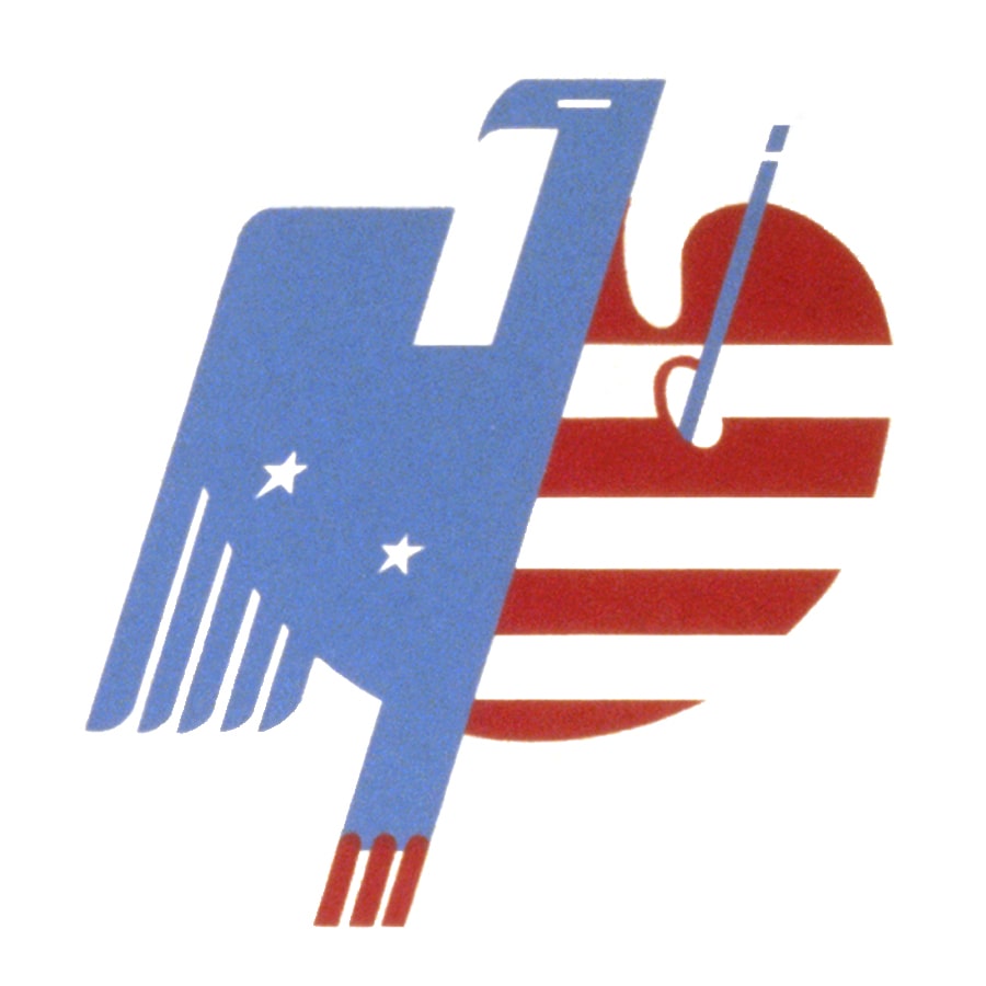 The logo of the Federal Art Project, the left half of which is a stylized blue eagle with small white stars on its wing and three red tail feathers. The right half is a red and white striped painting palette with a thin line representing a paintbrush sticking through its thumb hole.