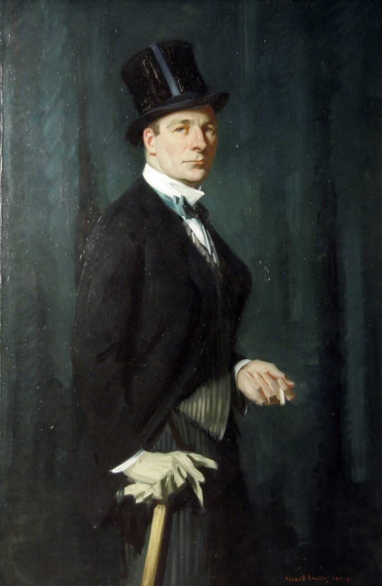 A painting of a man seen from the knee up in formal attire, wearing a black tailcoat, pinstriped vest, turquoise bowtie, and a shiny black top hat. He is faced sideways and turns to look at the viewer. In one hand he holds a cigarette between his fingers. With his gloved hand he holds his second glove and a cane. He poses in front of a dark fabric background.