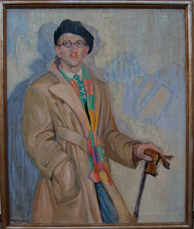 A painting of a man with a blue eyes and thin mustache wearing a black beret, round glasses, long beige trench coat, green, orange, and red patchwork scarf, and green and white polka-dotted tie. The man leans casually against a wall, holding brown leather gloves and a cane in one hand. He has his other hand in the pocket of his coat. He looks off to the distance. The background features abstract shadow-like shapes. The painting is framed in a silver-dusted wood frame with a sleek, minimal silhouette.