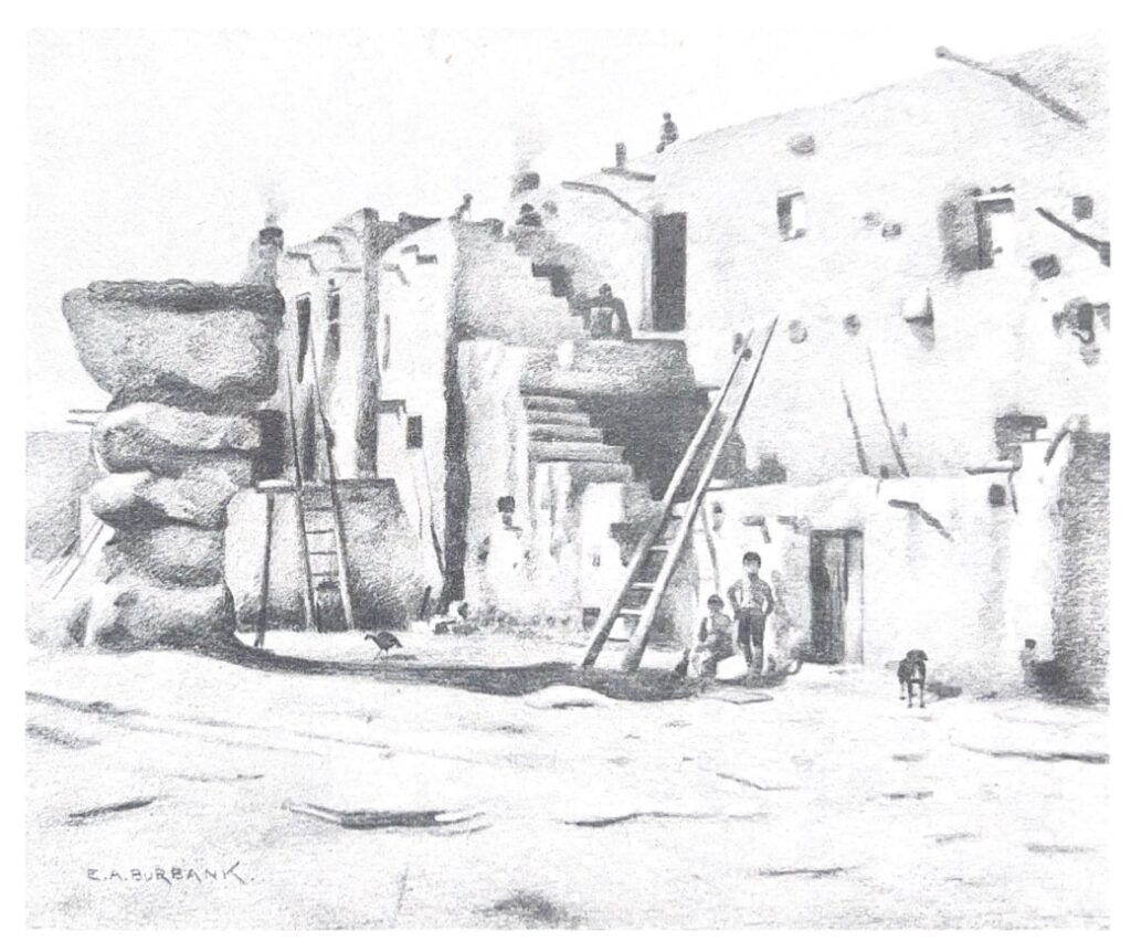 A grayscale sketch of a two-story adobe structure with outdoor stairs and rooftop terraces. The structure has rectangular doors, small square windows, and wooden vigas. Two long ladders lean against it, providing access from the ground to the rooftop terrace of the first floor. Two figures stand and sit next to a ladder in the foreground, and a dog is nearby. One figure is seen in the distance sitting on the second floor rooftop edge.