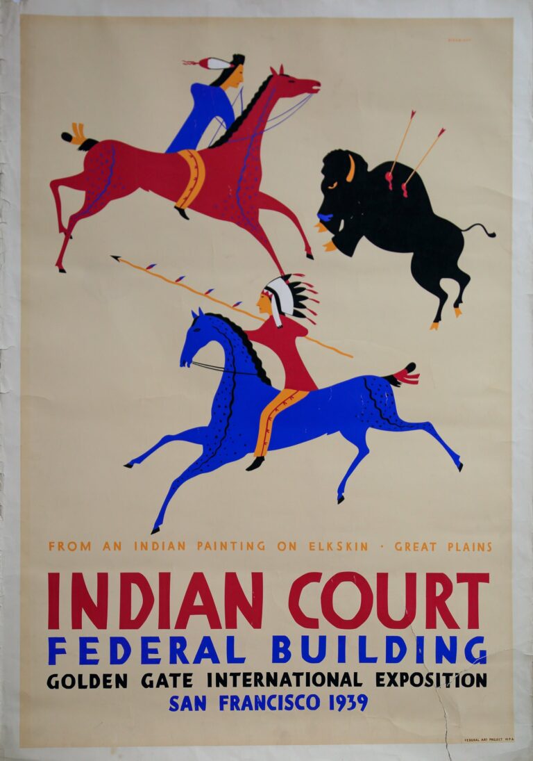 This vertically formatted poster has a cream background. The bottom third contains four lines of red, black and blue capitalized text announcing the "Indian Court - Federal Building - Golden Gate International Exposition - San Francisco 1939." The top two-thirds contains a stylized depiction of a buffalo hunt "From an Indian Painting on Elk Skin - Great Plains," as it is labeled in small text. The scene features a stylized depiction of two horseback riders and a buffalo. The buffalo is black and has two arrows stuck in its back, with red blood dripping from the wounds. One rider races towards the buffalo on a red horse, holding a blue bow and wearing a blue shirt and white feather in his long black hair. The other rider gallops away from the buffalo on a blue horse, holding a long yellow spear and wearing a red shirt and white and black feathered headdress.