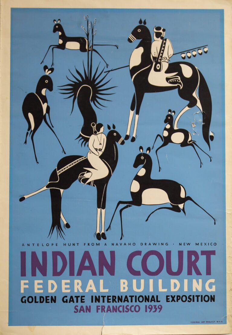 This vertically formatted poster has a sky blue background. The bottom third contains four lines of purple, black and white capitalized text announcing the "Indian Court - Federal Building - Golden Gate International Exposition - San Francisco 1939." The top two-thirds contains a stylized depiction of an "Antelope Hunt from a Navaho Drawing," as it is labeled in small text. The scene is depicted in black and white, and features two horseback riders, one man and one woman, surrounded by four antelope. The legs of the animals are very long and thin and are positioned to indicate movement.